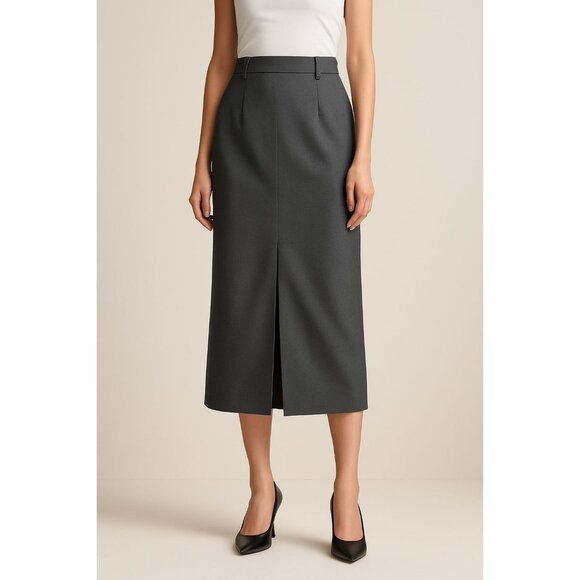 BULUBULU High Waist Charcoal Gray Clean Lines Midi Skirt w/Front Slit, Size L - Picture 1 of 7